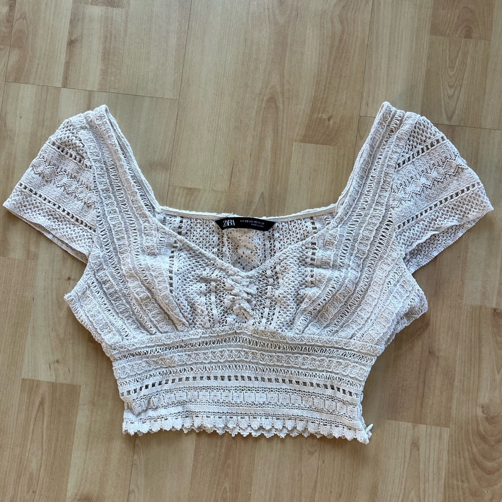 Zara Crochet Cream Lace Crop Blouse Top